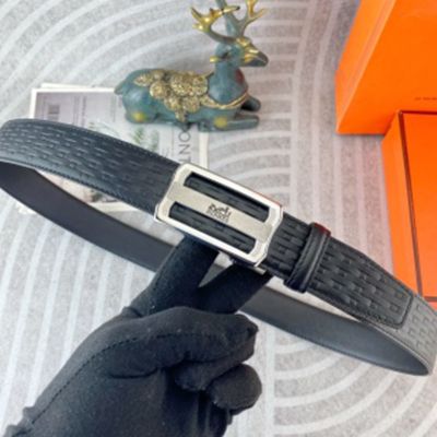 1:1  Hermes  Black Leather Belt  with Silver buckle “日”Shape Buckle 3.5cm